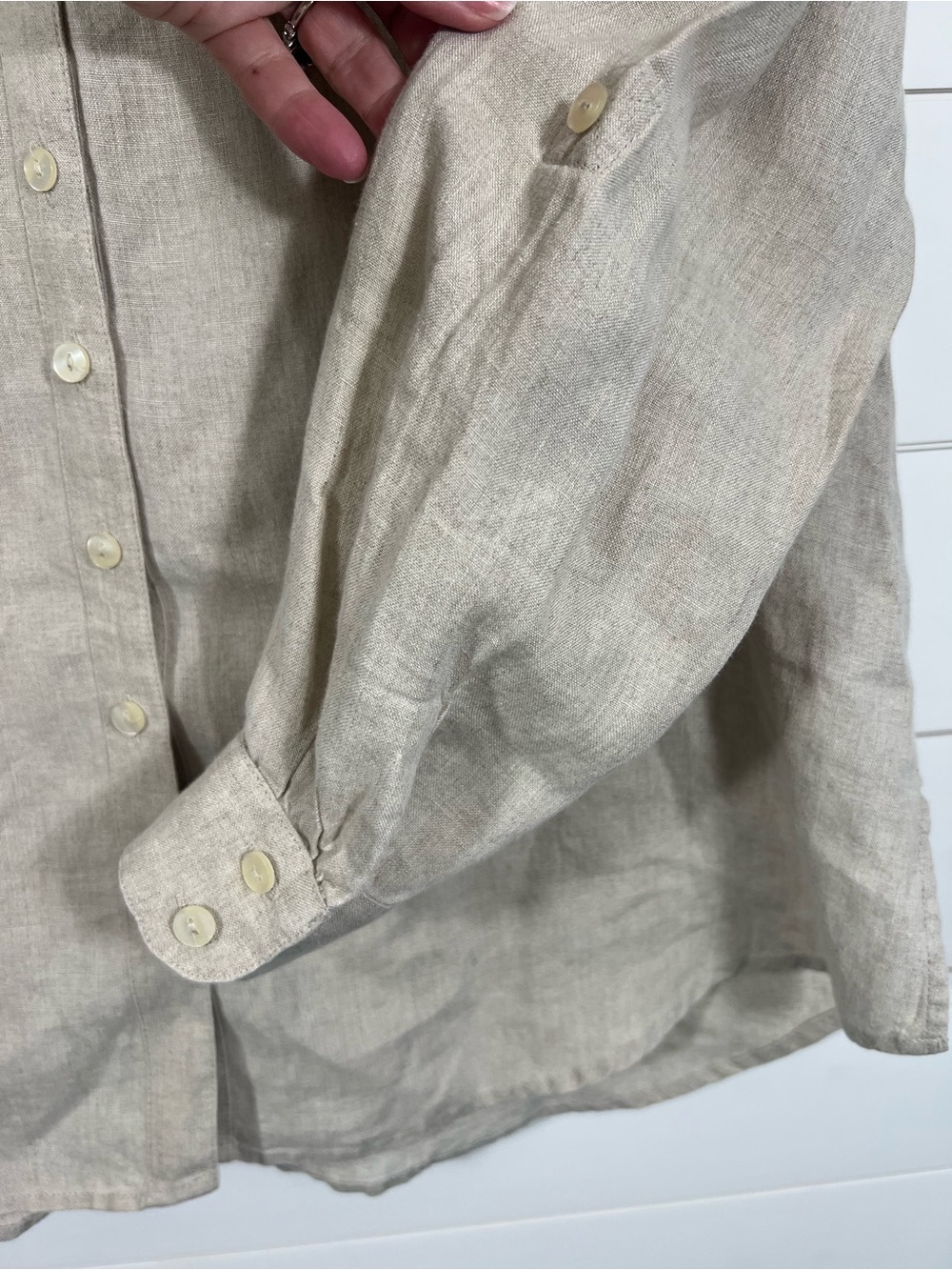 Coldwater Creek 100% Linen Button Up Shirt Womens Large Petite Beige India Made - Picture 5 of 13